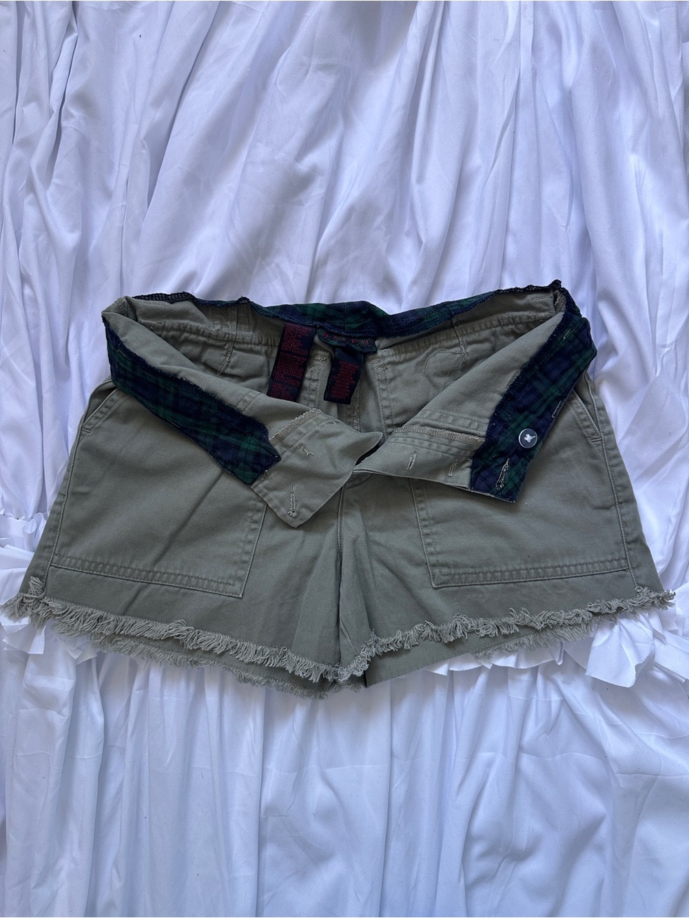Vintage Ralph Lauren Olive Green Frayed Hem Cargo Shorts with Plaid Waistband